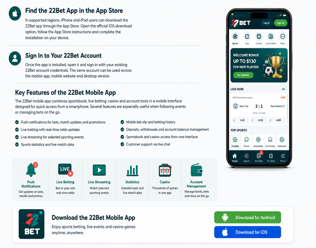 22Bet mobile app features