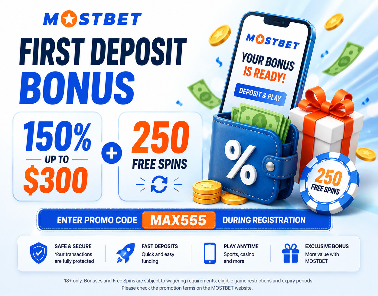 MOSTBET first deposit bonus with promo code