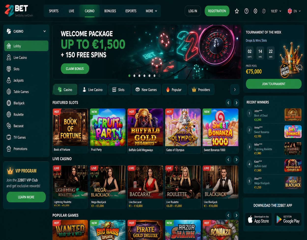 22Bet casino interface